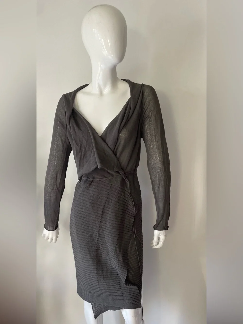 Sarah Pacini Draped Knit Wrap Dress Sweater Taupe Gray Size S M - Picture 7 of 11